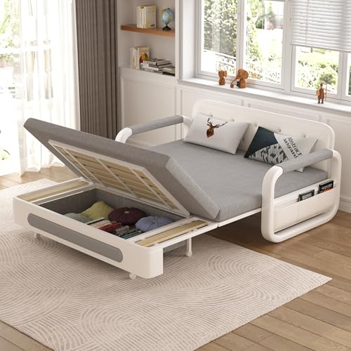 OLEYLUCKLIVE Ausziehbares Schlafsofa - Sofa mit Schlaffunktion und Stauraum, Schlafcouch für kleine Räume und Wohnzimmer, Dunkelgrau und Weiß (150cm) (150cm)