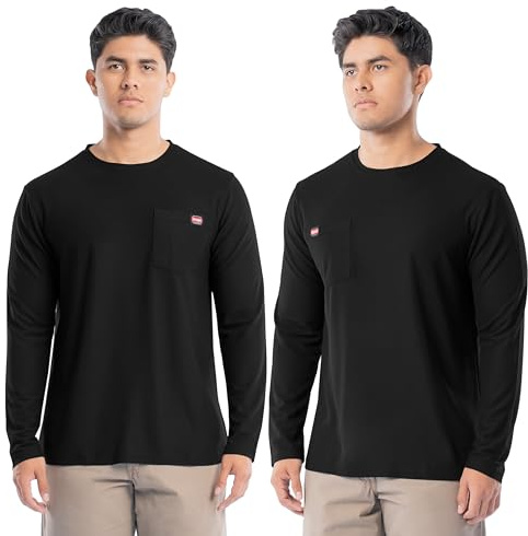 Wrangler Workwear Men's Long Sleeve UPF 40 Performance Pocket T-Shirt, 2-Pack, Jet Black, Medium