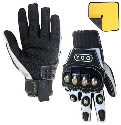 YGQ Motorrad Stahl-Knöchelschutz Handschuhe für Herren, Touchscreen-Motorradhandschuhe Metall-Protektoren für Rennsport (Weiß, M)