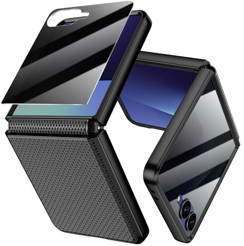 Doeshine Coque pour Samsung Galaxy Z Flip 7 avec Protecteur D'écran Confidentialité Arrière & Charnière, Texture Elégante, Mince Étui Housse de Protection Antichoc Case pour Z Flip 7 (Noir)