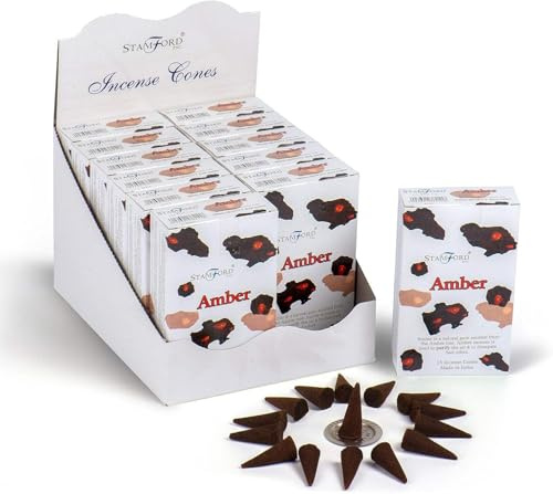 Stamford Amber Incense Cones 12 Pack Set, 180 Cones Total, Warm Resin Fragrance, Slow Burn Home Fragrance, Includes JRose Trolley Coin Keychain