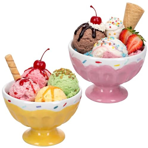 MamboCat 2er Set Eisbecher auf Fuß Sunny I 200 ml, Ø 12,5 cm I Rosa & Gelb mit Streuselrand aus Dolomite I Obst-Becher, Dessertschalen für Pudding, Cremes I Eisdiele & Café