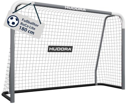 HUDORA Fußballtor RoCo 180 Lite – Kinder Gartentor für Outdoor Training & Freizeit – stabiles Stahl-Tor mit klick-Montage, Robustes Netz für Fussball Matches im Garten – moderes Design in Grau/Weiß