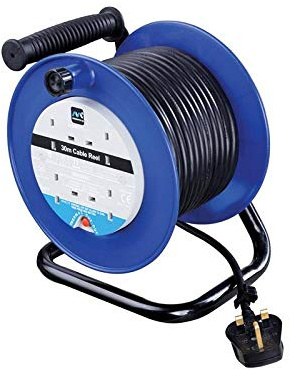 Masterplug Four Socket, 30 Metre Open Cable Reel, Medium Extension Lead Reel, Wind-Up Power Retractable Cord Reel, Heavy Duty, Thermal Cut Out, Work Power, Blue/Black, 13A, 4G, 30m, LDCC3013/4BL