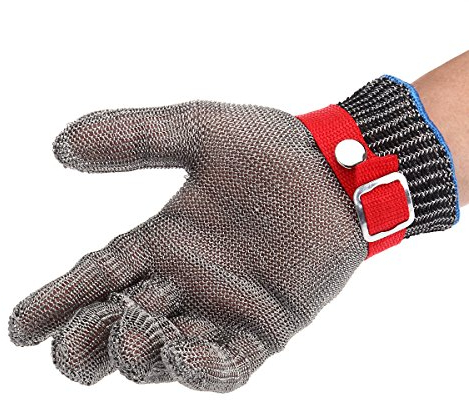 Oulii Schnittschutzhandschuh, 1 Stück, Schutzstufe 5, aus Edelstahl-Drahtgewebe, für sicheres Arbeiten etwa in der Küche oder im Garten + 1 Stück Stoffhandschuh, weiß