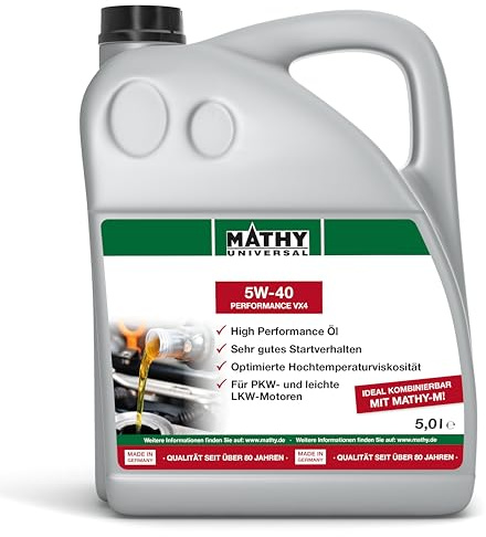 MATHY Motoröl SAE 5W-40 Performance VX4, 5 Liter, HC-Synthese-Motor-Öl | Hochleistungs-Motorenöl für Benzin- und Dieselmotoren, Für Viertakt, Saug- & Turbo-Motor, Hält Motorenöltemperatur stabil