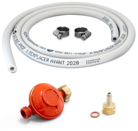 Komplettes Gasanschlussset für Gasgeräte (Druckminderer Propan 37 mbar + flexibler Schlauch 1,50 m + Saugeraufsatz)