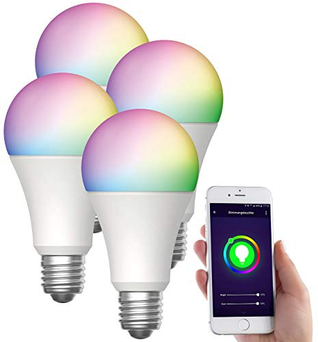 Luminea Home Control WLAN Leuchtmittel: 4er-Set WLAN-LED-Lampen, E27, RGB-CCT, 9W (ersetzt 75W), F, 800lm, App (Birne, LED-Lampen Alexa, Farbe)