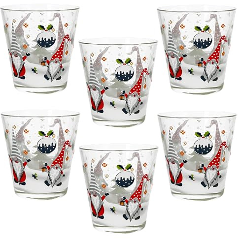 ARCA, Set di 6 Bicchieri Natalizi in Vetro Rinforzato, per Lavastoviglie, Resistenti e Duraturi, con Decoro Natalizio e Villaggio con Gnomi, Idea Regalo Natale, Decorazioni Tavola, 30 cl