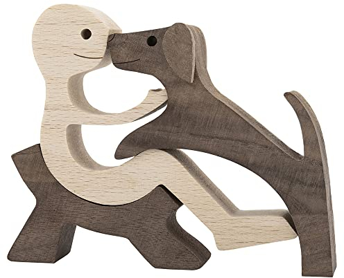 BOBO BIRD Holzstatue für Hunde Katze Familie handgefertigte Holzdekoration niedlicher Welpen Kätzchen und Menschen Statue Skulptur Ornament Sammelfigur Kunst für Zuhause Büro Wohnzimmer