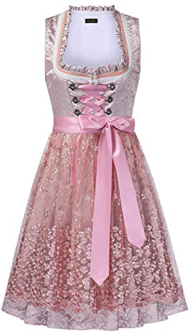 KOJOOIN Trachtenkleid Dirndl Kurz Damen Mid mit Spitzenschürze 2tlg. für Oktoberfest A-Rosa(2tlg.) 36