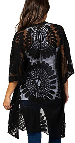 YouKD Cardigan da donna in pizzo trasparente, stile boho, lungo, kimono, spiaggia, copricostume da bagno, C Nero, Etichettalia unica