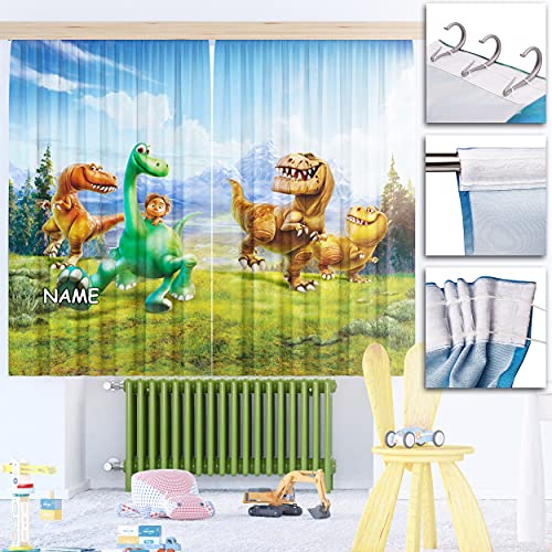alles-meine.de GmbH 2 TLG. Set Fertigschal - Vorhang/fertig Gardine - Arlo & Spot - Dinosaurier/the Good Dinosaur - inkl. Name - 2X - 90 * 160 cm lang - Blickdicht - Kräuse..