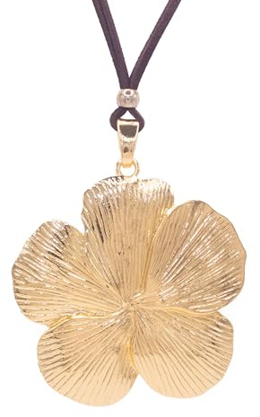 NILUXE DESIGN -Große Damenhalskette mit Blumenanhänger – Silber- oder goldfarbener Blumenanhänger – Großer Blumenanhänger – Große Damenhalskette – Mit Wildleder (Gold - Braunes Wildlederband)