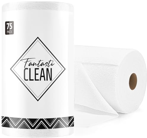 Fantasticlean Microfiber Cleaning Cloth Roll -75 Pack, Tear Away Microfiber Towels, 12 x 12, Reusable, Washable, Scratch Free, Ultra Absorbent Dishcloth for All-Around Cleaning Supplies (White)