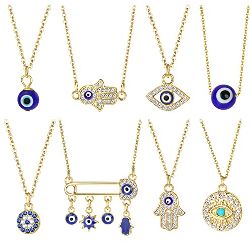 Kakonia 8 PCS Evil Eye Collier Women's Gold Hamsa Pendentif Collier Blue Evil Eye Pendentif Collier Protecting Lucky Jewelry Gift Package
