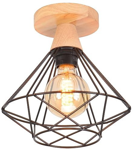iDEGU Industrielle Deckenleuchte 22cm Deckenlampe aus Holz und Metall Vintage Lampe mit Geometrischem Käfig Schwarz Lampenschirm E27 Retro Deckenbeleuchtung für Flur Wohnzimmer (Deckenlampe, 1 Stück)