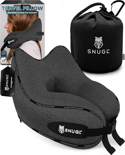 SNUGL Nackenkissen Memory Foam Waschbar & Verstellbar | Kuscheliges Nacken Reisekissen Für Flugzeug, Auto & Unterwegs | Reise-Kissen Nackenhörnchen, Neck Travel Pillow (Dunkelgrau, Erwachsener Klein)