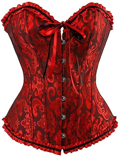 Corsé de Satén para Mujer en Negro y Rojo Sexy con Vestido Pirata, Top de Cuero y Falda para Fiesta Steampunk o Medieval - XS