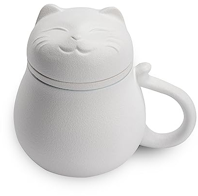 Hanbosym Ceramic Tea Cup with Infuser and Lid(13.5oz), Tea Mug with Cute Cat Design Filter for Steeping Loose Leaf, Gift for Holiday Birthday Warm House. (White)