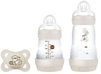MAM Easy Start Anti-Colic Starter Set S, kit iniziale per bambini con 2 bottiglie anti-coliche (160 ml e 260 ml) con tettarella taglia 1 e ciuccio, set regalo per bambini, dalla nascita, beige