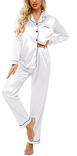 Ekouaer Pyjama Femme Manches Longues,Pyjama Set Femme Ensembles de Pyjama Femme en Satin Vêtements de Nuit Femme 2 Pièces