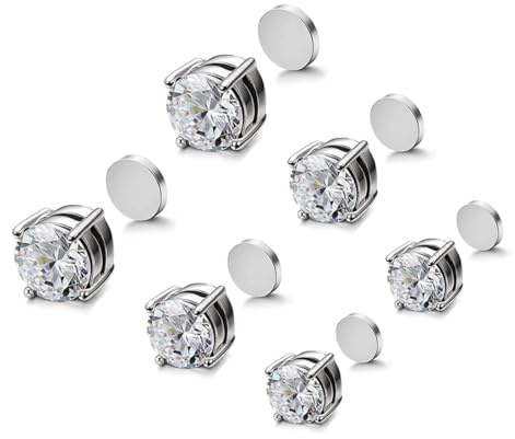 XOUDKE 3 Paires 5/6/7mm Boucles d'oreilles Magnétique en Acier Inoxydable pour Femme Homme Fille Boucle d Oreille Aimant Sans Trou Boucle d'oreille Clip Non Piercing Zirconium Ronde Clou Argent