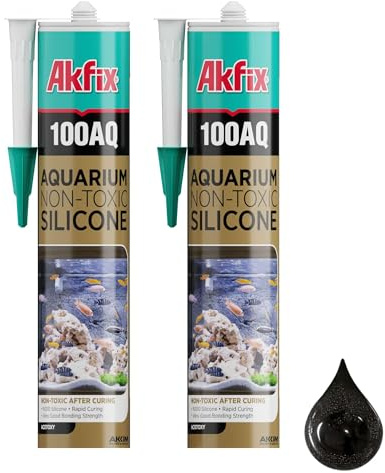 Akfix 100AQ Lot de 2 tubes de mastic silicone pour aquarium 100 % silicone étanche pour aquarium, durcissement à grande vitesse et forte adhérence, non toxique, sans danger pour les poissons Noir