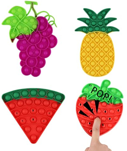 4 Pack Fidget Toys Fruit Silicone Sensory Fidget Poppers Push Bubble Toy, Stress Relief for Autism Anxiety Educational Pop Toys for Kids Adults - Strawberry, Watermelon, Grape, Pineapple