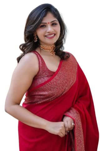 C J Enterprise Damen-Sari aus weicher reiner Baumwollseide, Kanjivaram-Stil, mit Bluse für Hochzeit (Fatima), rot, talla nica