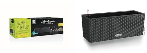 Lechuza BALCONERA Starter Set: Cottage 80 Granit, Balkonkastenhalter Schwarz, 12 L PON (Gratis) & Cottage 50 Granit 15602