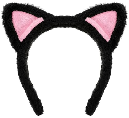 COMNICO Cat Ears Headbands, Plush Soft Cute Washing Face Head band Fuzzy Kitten Makeup Hair Headbands for Mask Skincare Spa Yoga Halloween Parties Cosplay(Cat headband, Black)