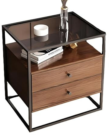Eiauiuo Beistelltisch Nachttisch mit Glasplatte Glastisch mit Holz Schublade Schwarz Metallrahmen Couchtisch im Industrie-Design für Wohnzimmer Schlafzimmer Büro Sofatisch(Color:Stil 2)