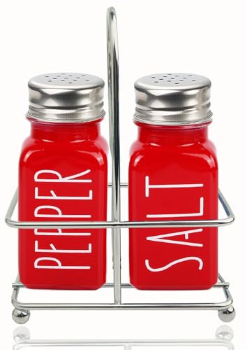 Juego de salero y pimentero rojo, salero y pimentero de vidrio con tapa de acero inoxidable, decoración de granja para cocina, accesorios de cocina perfectos para Acción de Gracias, sin frotar (2