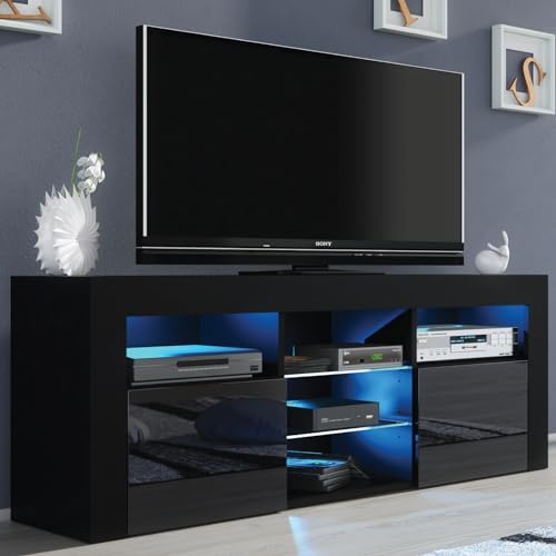 Creative Furniture TV Unit 145cm Black Modern Stand Gloss Doors + LED