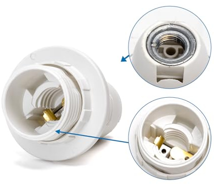 Adaptateur d'ampoule E14 en plastique avec borne à ressort et filetage complet, couleur blanche, idéal pour lampes de table et plafonniers.