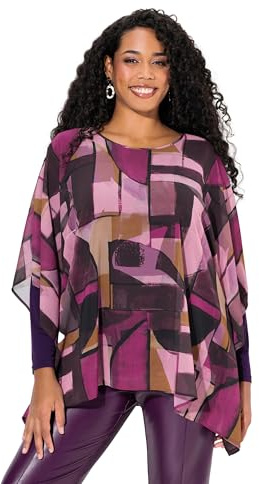 Ulla Popken Damen große Größen Übergrößen Plus Size Tunika, doppellagig, Oversized, Rundhals, 3/4-Arm dunkle Brombeere 58+ 833432846-58+