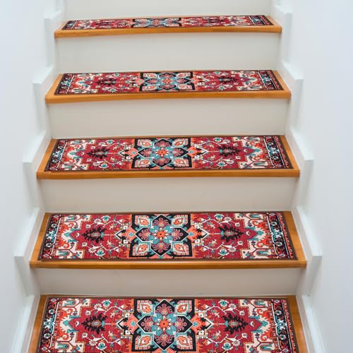 Stair Treads for Wooden Steps, Stair Tread Set of 15, 30x8 Indoor Stair Runner, Reusable Rubber Backing Stair Carpet Treads for Pets, Kids & Elders (Boho - 15DeepRed)