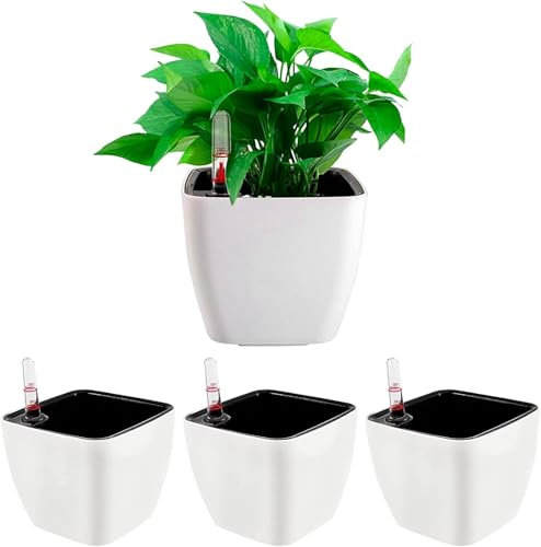 5 Inch Self Watering Pots for Indoor Plants, 4 Pack Plastic Plant Pots with Water Level Indicators, White Plant Flower Pots Nested Container for Indoor Plants, Herbs, Herbs, Aloe, Outdoor Gardening