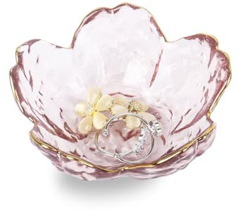 Nideen Plat à bijoux en verre à motif floral, assiette à bijoux, bol à clés pour couloir (rose)