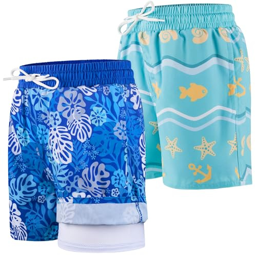 BIG ELEPHANT Pack de 2 Pantalones Cortos de Baño para Niños con Forro Compresivo, Traje de Baño Infantil UPF 50+, Pantalones de Natación de Secado Rápido