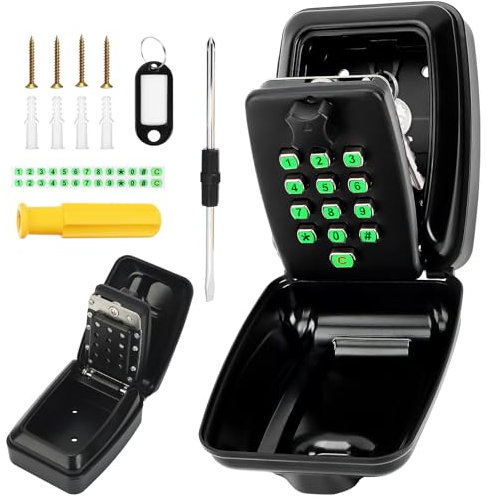 Hebaogugu Key Safe Wall Mounted, Police Approved Lock Box with 12 Digit Code & Night Illuminated Stickers, Extra Large Key Safe Outdoor with Weatherproof Cover