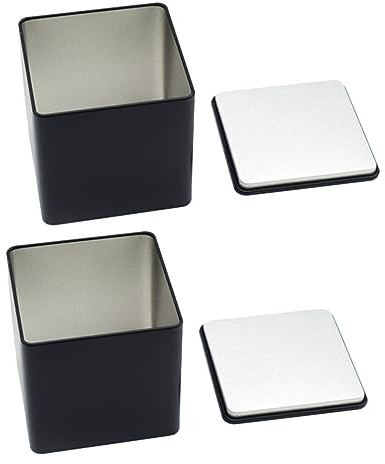 MAGICLULU 2pcs Square Tea Storage Canisters with Airtight Tinplate Lids, Tight Sealing and Space Saving Tea Jars, Black Metal Containers for Household Use and Kitchen Organisation