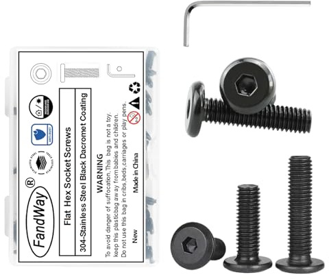 FandWay M6 x 12 mm flache Innensechskantschrauben, Möbelschraube, 304 Edelstahl, schwarzes Dacromet-Finish, Möbelschrauben, Maschinenschrauben, Vollgewinde mit 1 Inbusschlüssel für Bett und Holz (20