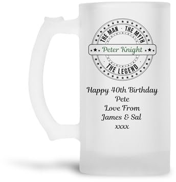 Personalised Frosted Beer Glass Tankard (0.8 Pint) The Man The Myth The Legend Gift for Birthday|Fathers Day|Dad|Son|Grandad|21st|30th|40th|50th|60th|65th|70th|80th|Men|Him