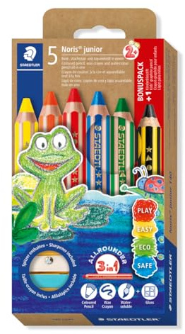 Staedtler Noris junior 140 C6P1 Lot de 6 crayons de couleur, de cire et d'aquarelle, extra incassables, idéaux pour les enfants, pour de nombreuses surfaces, étui en carton avec 6 duo de crayons de