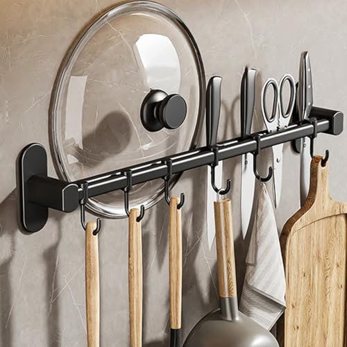 Cammeciso Hakenleiste KüChe Ohne Bohren,HäNgeleiste KüChe,KüChenreling,Mit Haken,Abnehmbare,Platzsparende,FüR TöPfe KüChe Utensilien Gestell KüChenreling KüChenablage Und Pfannenhalter