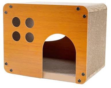 Hapihom Árbol rascador 2 en 1, casa para gatos, cartón corrugado desmontable de madera con 2 almohadillas para rascar, fácil de montar, capacidad de carga máxima de 10 kg para gatos pequeños y