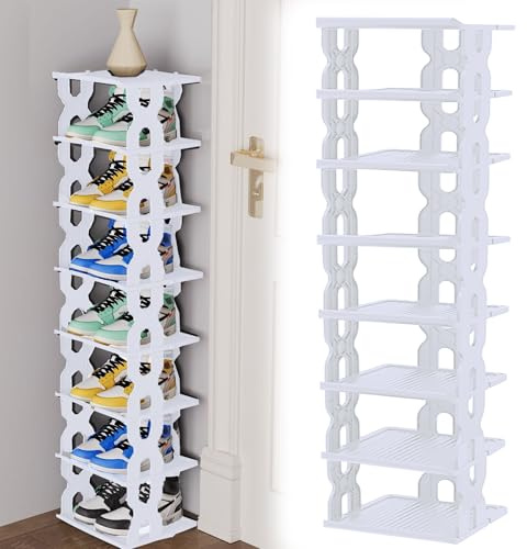 SUQ 8 Tier Supporti per Scarpe Stretti, Torre per Scarpe Angolari, Organizzatore di Scarpe Salvaspazio, Scaffale Impilabile per Ingresso, Corridoio e Armadio (Bianco)