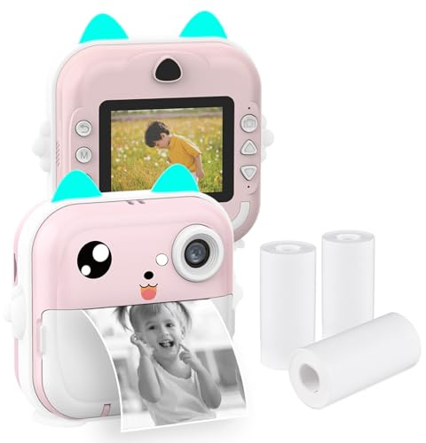 Portable Children Instant Thermal Print Kid Camera 2.4 Inch Screen Digital Camera Photo Selfie HD Video Thermal Inkless Printing with 3 Rolls White Print Paper Learning Toy Birthday Gift for Girls